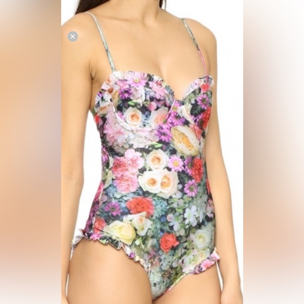 Wildfox floral Multicolor ruffle trim one piece bathing suit size medium cheeky